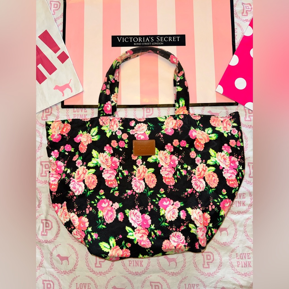 VS PINK VINTAGE Y2K ZIPPERED LARGE CANVAS TOTE BAG BLACK FLORAL RARE HTF